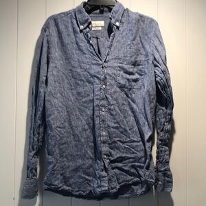 Massimo Dutti 100 linen long sleeve blue woven button down front pocket M